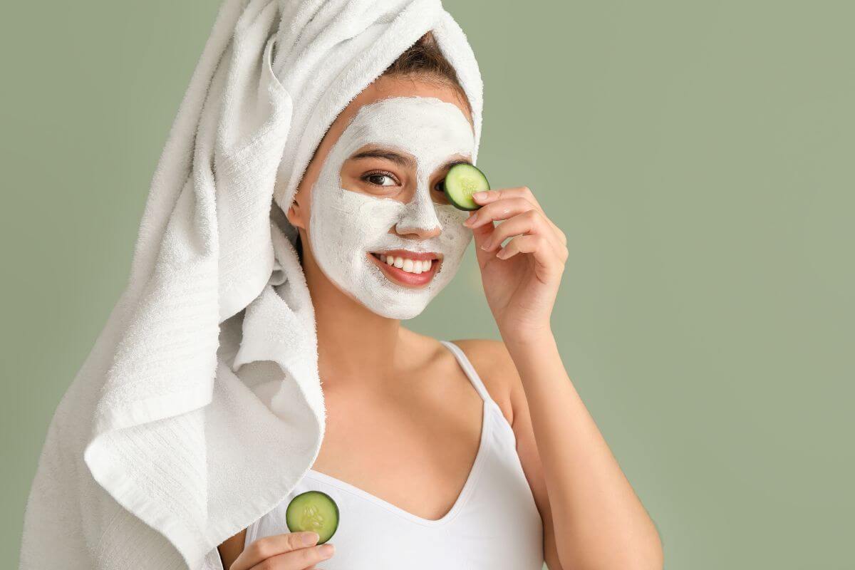 A woman with a towel wrapped around her head wears a white facial mask, smiling as she holds a cucumber slice over one eye and another in her hand. She's dressed in a white tank top against a light green background.