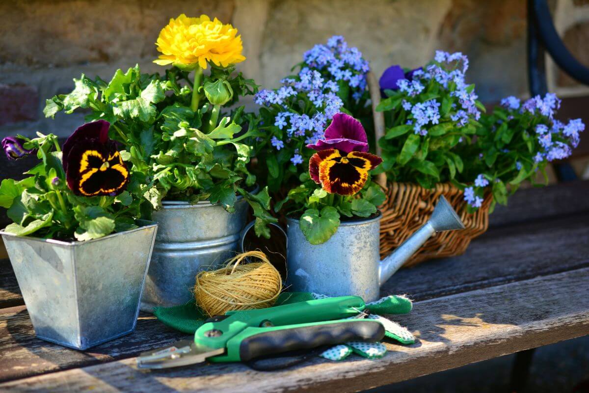 A rustic garden scene featuring vibrant flowers in a woven basket, pruning shears, gloves, and a bundle of twine resting on a weathered wooden surface.