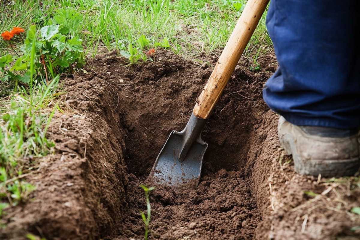 A person in blue pants and brown boots is digging a narrow trench in the soil using a shovel, likely for trench composting. 