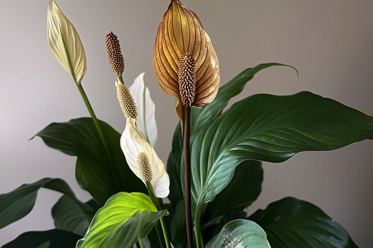 A close-up of a peace lily plant with three blooms. Two are white, while one is brown, indicating the peace lily flowers are turning brown as they are unhealthy.