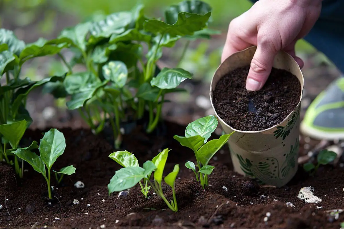 A person's hand is scattering coffee grounds into the soil using a pot, one of the methods on how to keep animals out of the garden.