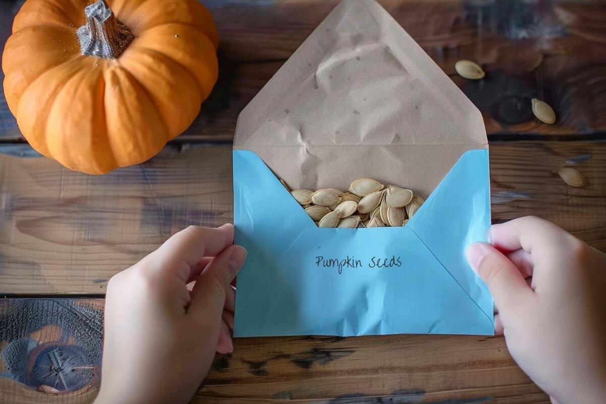 A pair of hands holding an open envelope labeled "Pumpkin Seeds." The envelope contains pumpkin seeds ready for planting. A small pumpkin and scattered seeds are visible on the rustic wooden table in the background.