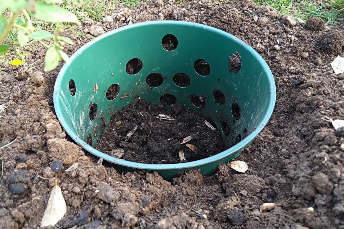 A green compot composter bin with multiple holes is partially buried in the soil, filled with dark soil and mulch mixed with compost.