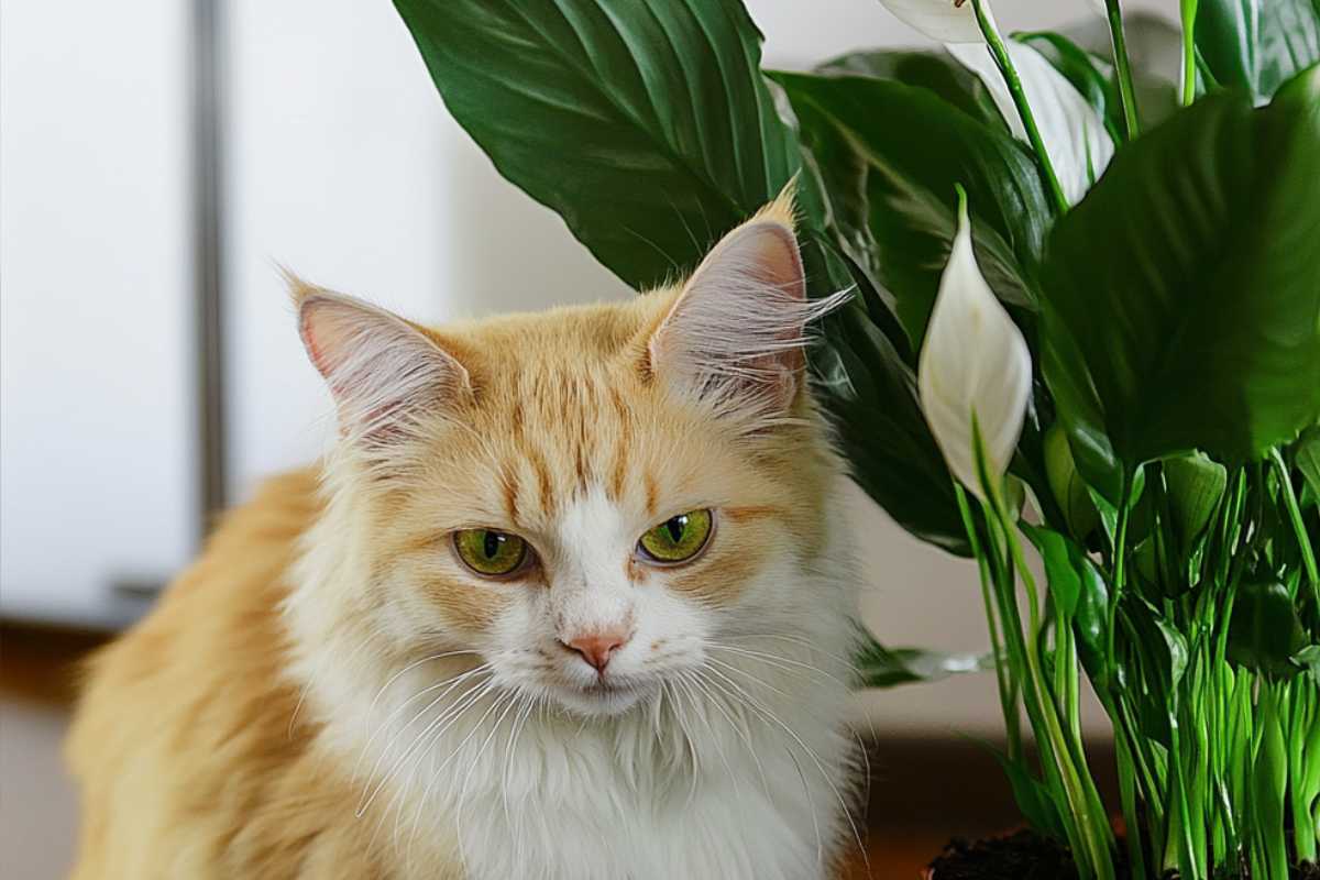 A fluffy orange and white cat with green eyes stands next to a lush green peace lily plant.