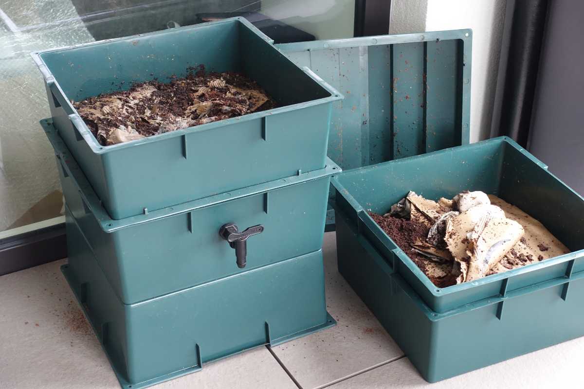 A green, multi-tiered worm composting bin setup with three layers is placed near a window. The top tray is open, revealing decomposing organic material, including food scraps and soil.