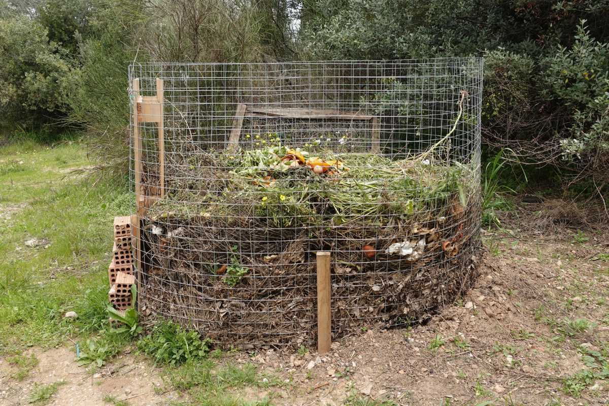 A round compost bin made of wire fencing and wooden supports stands outdoors on a patch of dirt and grass. It is filled with organic material like leaves, vegetable scraps, and plant clippings.