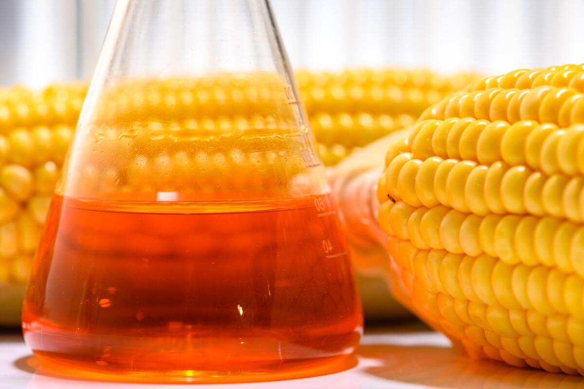 A conical beaker filled with sweet corn syrup is placed in front of bright yellow corn cobs.
