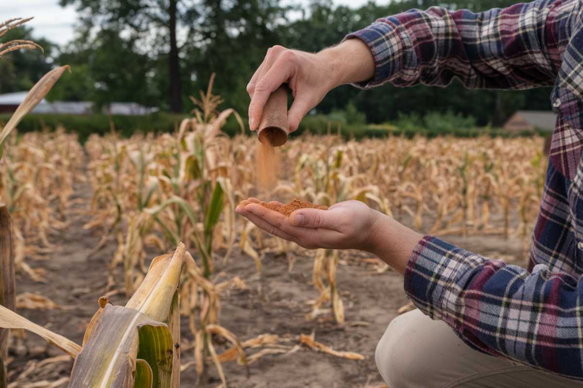 A hand of a person holding a cinnamon powder on his hand to sprinkle on ground.