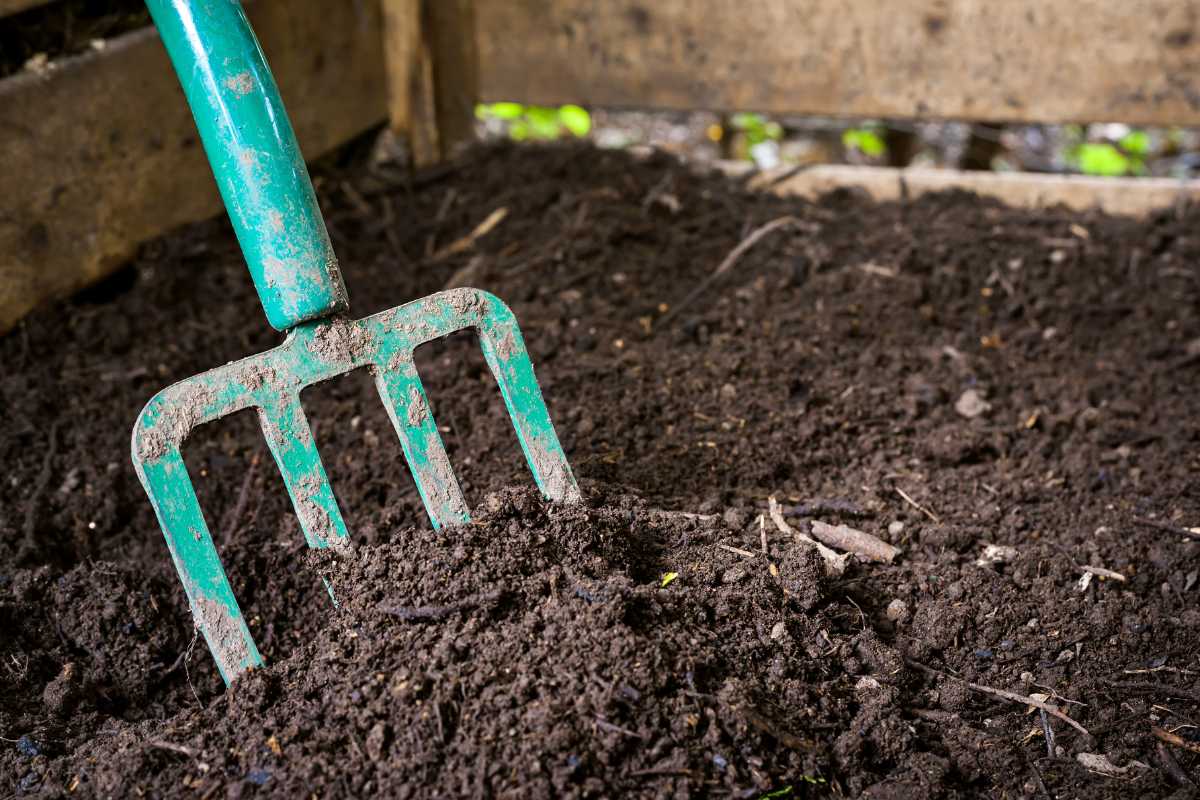 A green garden fork with dirt-stained prongs, stuck into dark, rich soil inside a wooden compost bin. Small bits of organic material are mixed within the soil, indicating active composting.