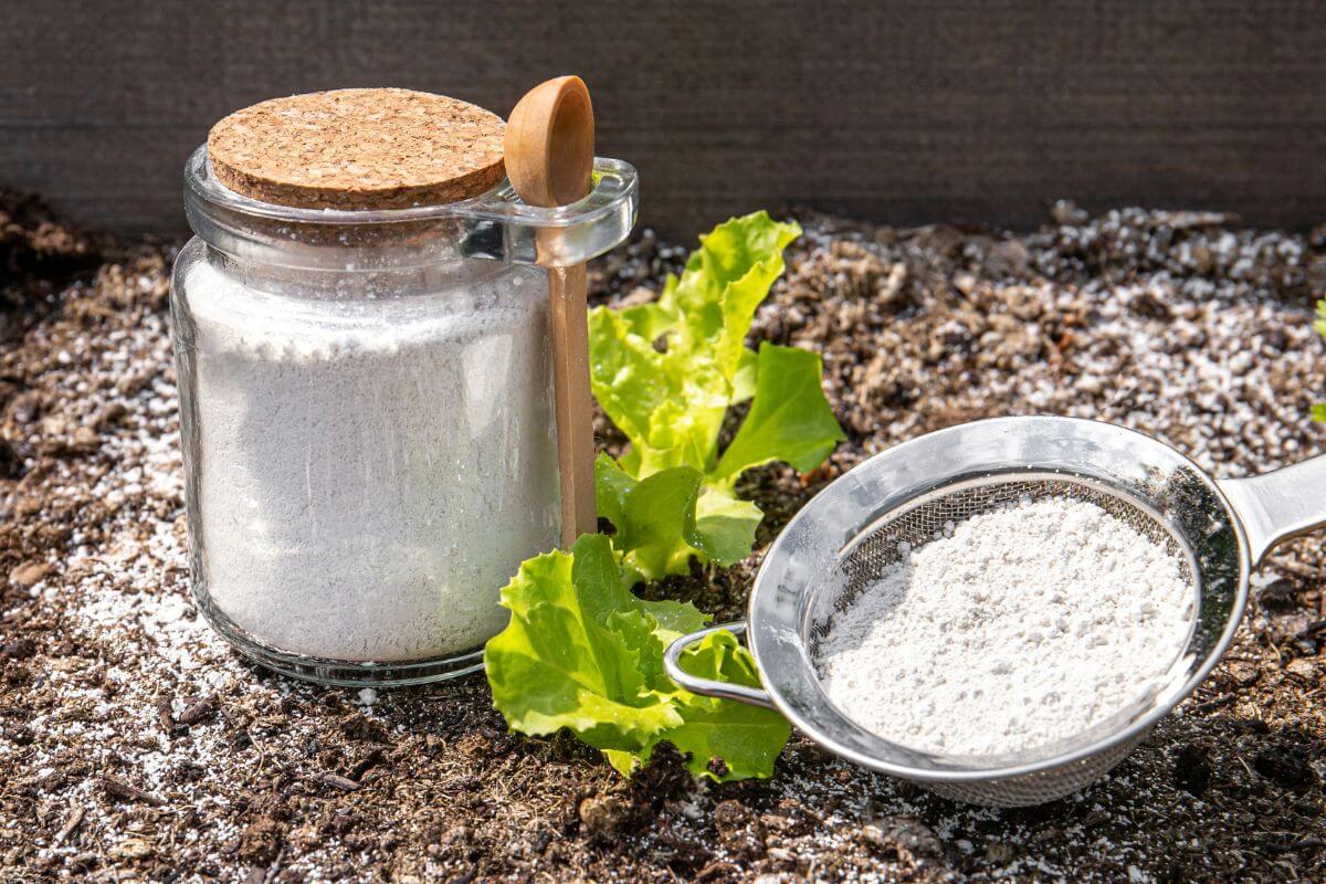 A jar of diatomaceous earth with a cork lid and wooden spoon, a metal sieve filled with the fine white powder, and fresh green lettuce leaves on soil. 