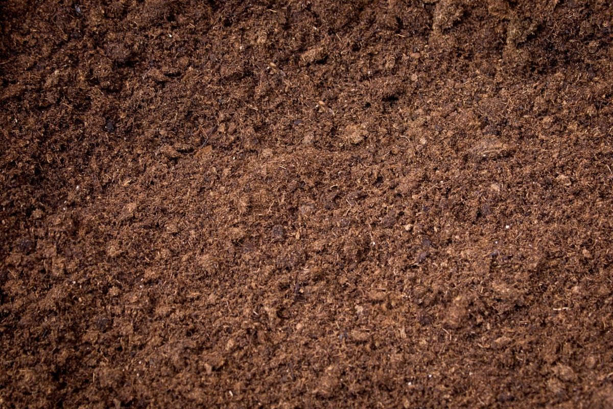 A close-up view of a textured brown soil surface, possibly showing rich, fertile loam or compost. The nutrient-rich soil appears moist and suitable for gardening or agricultural use.