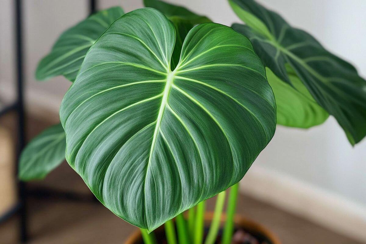 Close-up of a large, vibrant green heart-shaped leaf from a Philodendron McDowell, showcasing its prominent veins and smooth texture.