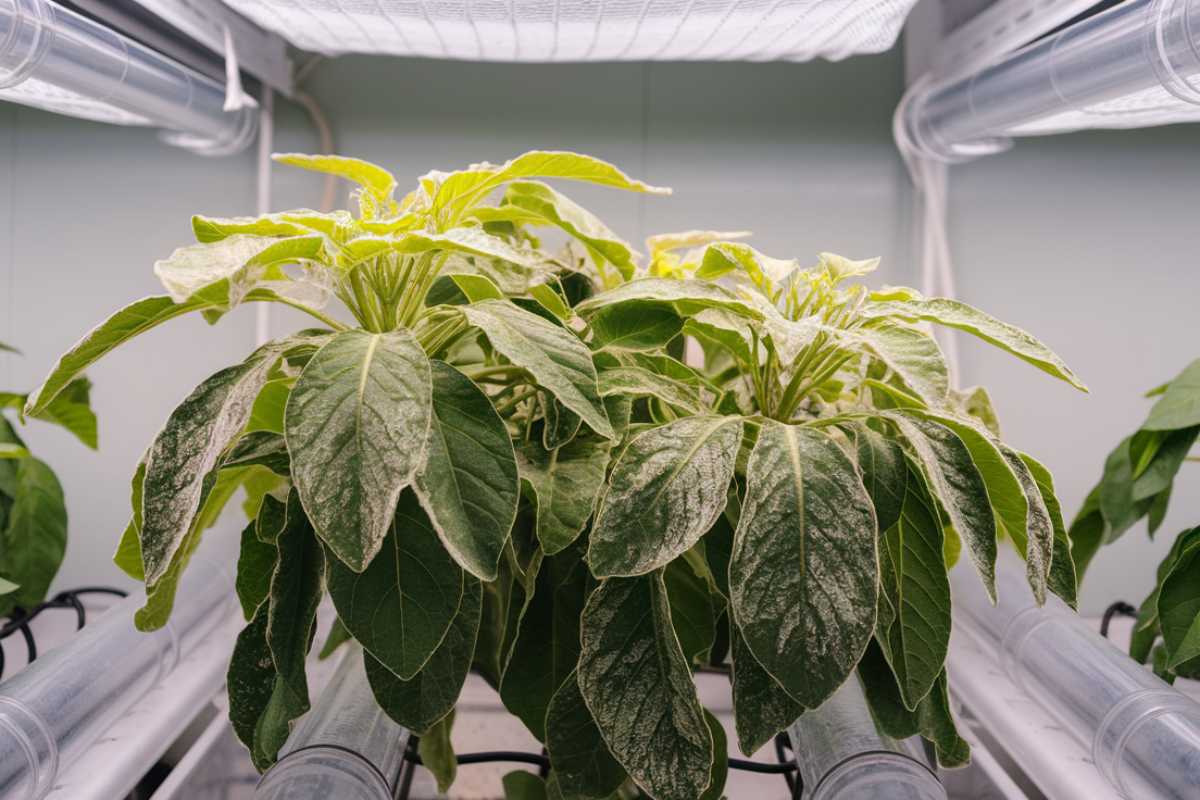 pepper plant with large green leaves growing under fluorescent lights inside a hydroponic setup. The leaves are infested with powdery mildew.