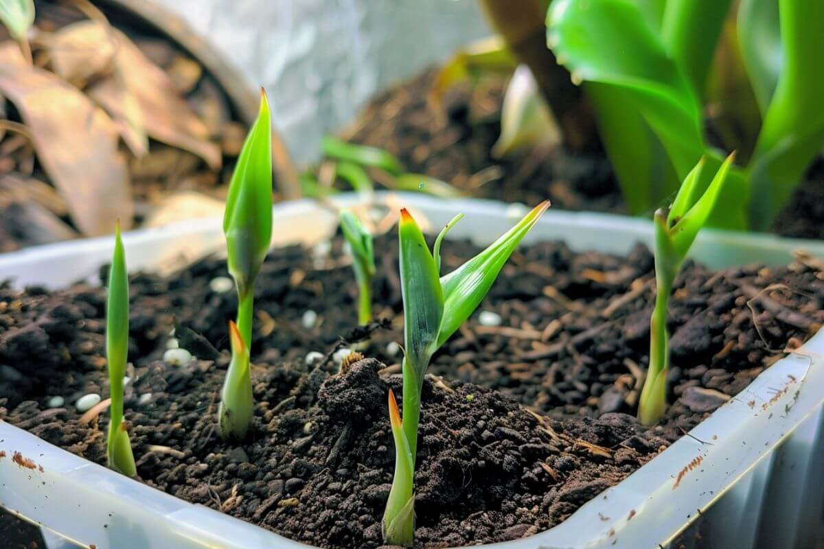 Young orange bird of paradise seedlings sprouting from dark, moist soil in a transparent plastic container. 