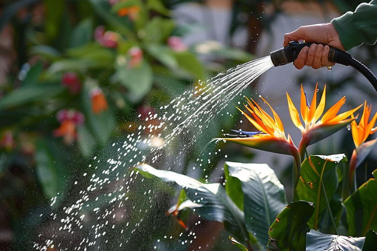 A person watering a vibrant bird of paradise plant with a garden hose. Water droplets are spraying from the nozzle, creating a misty effect. 