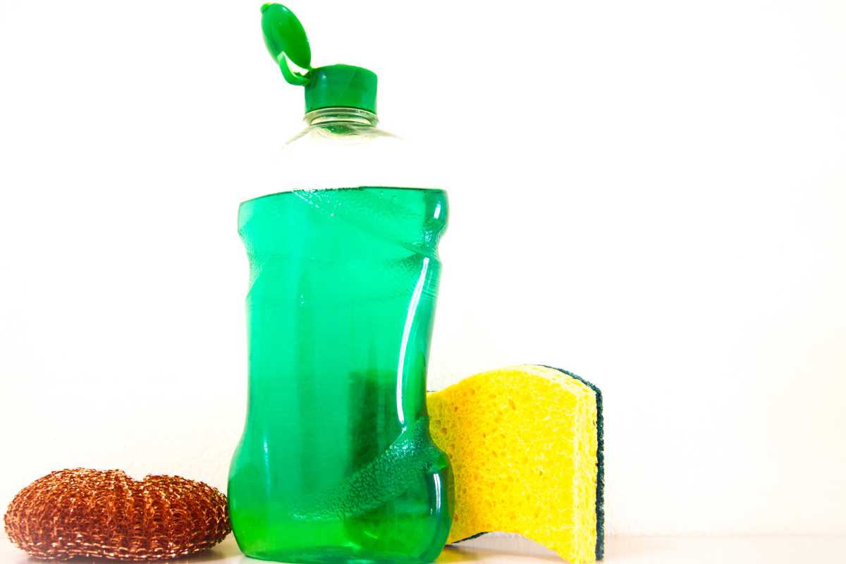 A green bottle of dish soap with a flip-top cap is centered against a white background.