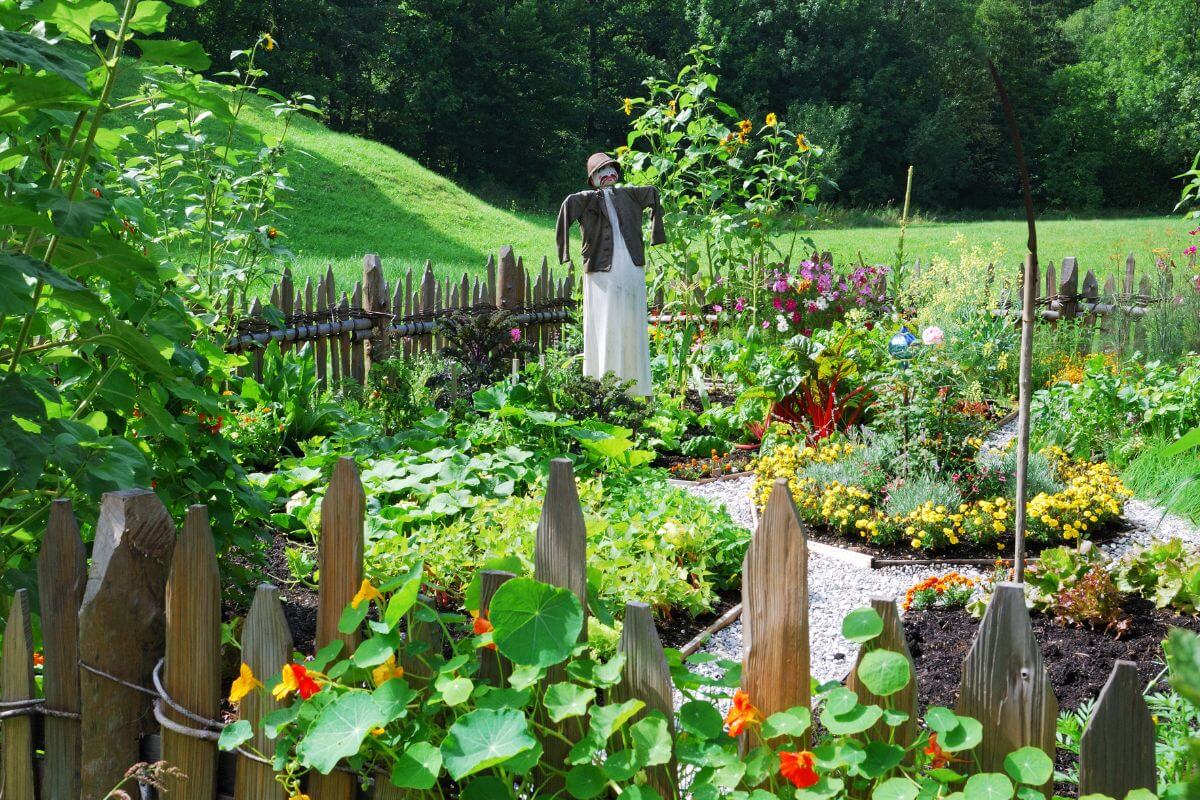 A lush garden with a variety of green plants, flowers, and leafy vegetables is enclosed by a rustic wooden fence, with a scarecrow at the center.