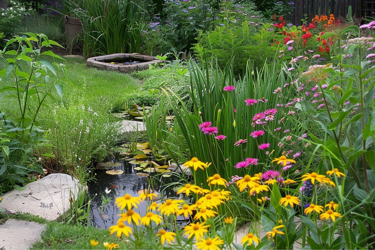 A lush garden with a small pond surrounded by vibrant flowers of various colors.