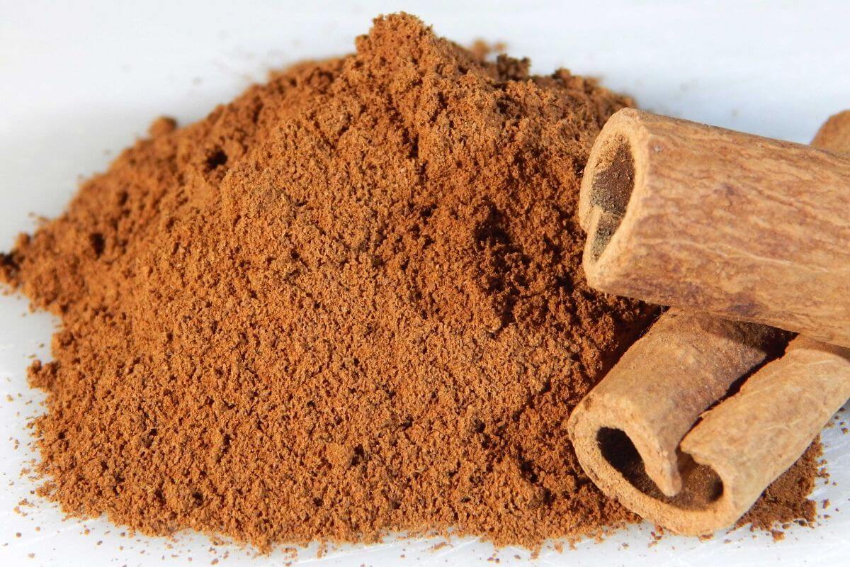 A small pile of ground cinnamon next to two whole cinnamon sticks. 