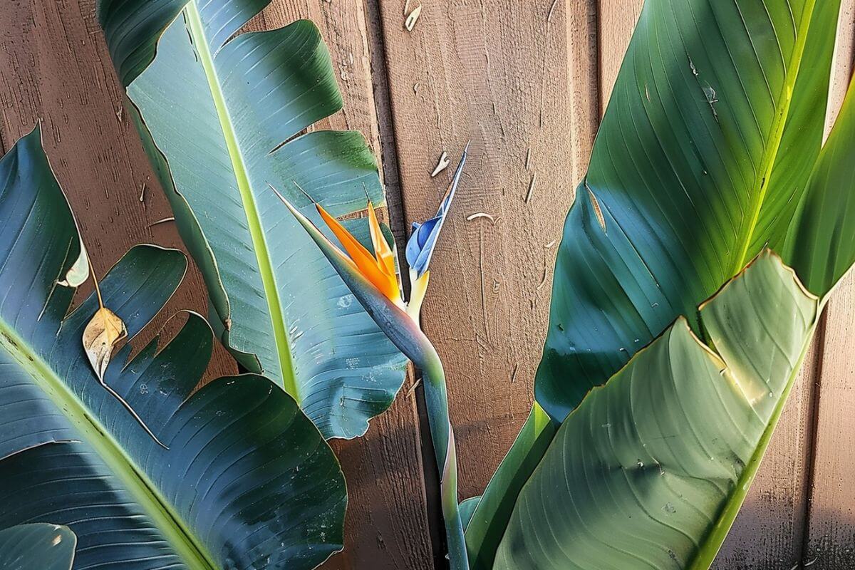Bird of Paradise plant with deep green, curling leaves, set against a wooden fence backdrop.