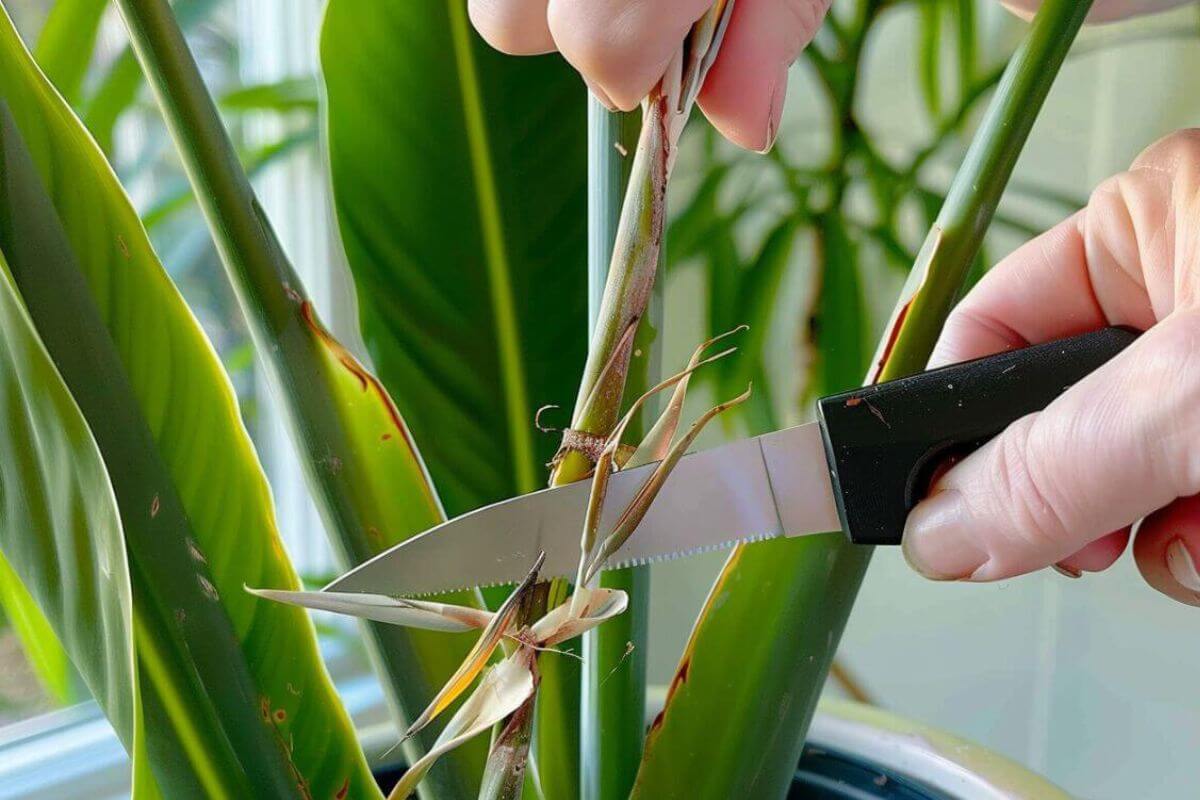 A close-up of hands trimming a bird of paradise plant. One hand holds the plant's pale stem while the other uses a small, serrated knife to prune it.