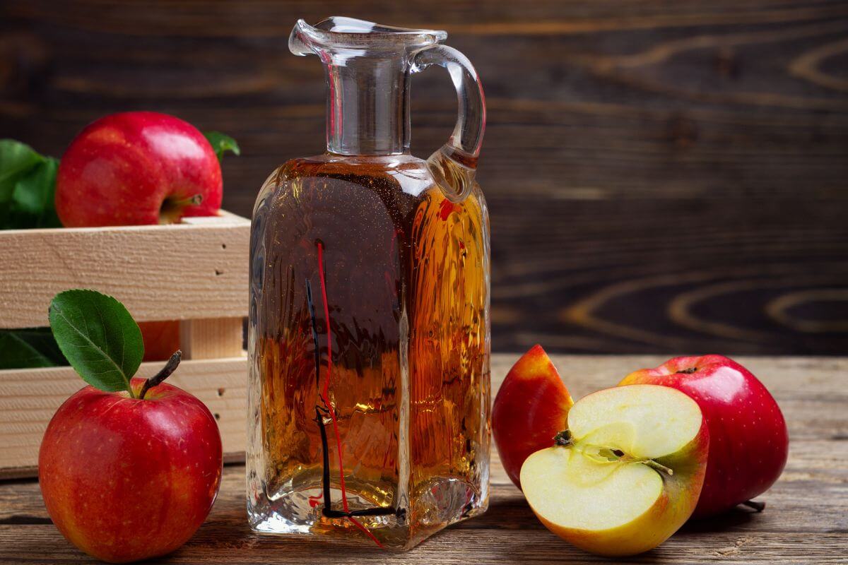 A tall, clear glass pitcher filled with vinegar stands on a wooden surface. 