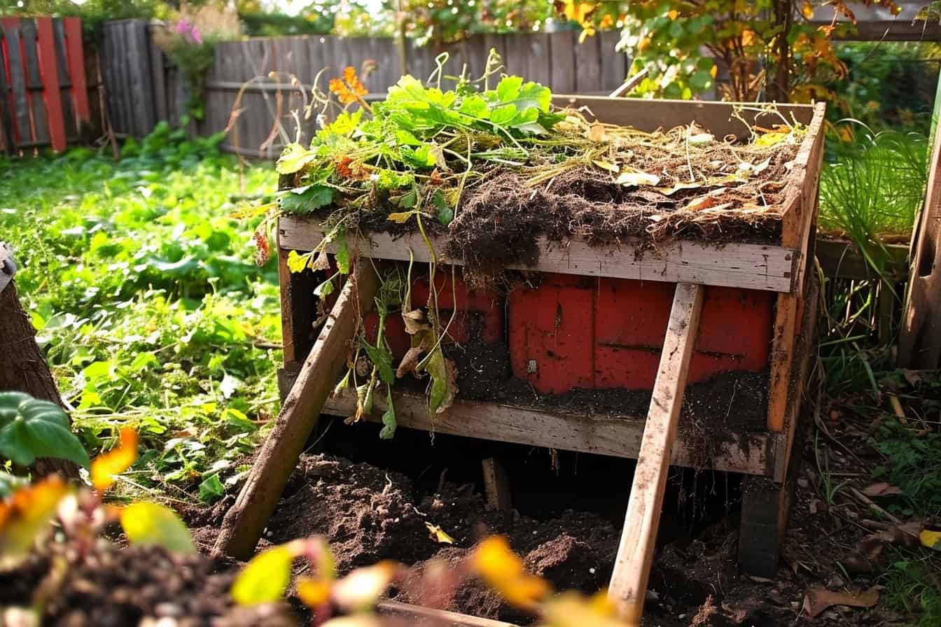 A backyard compost box housing a variety of plants nurtured on fertile soil.