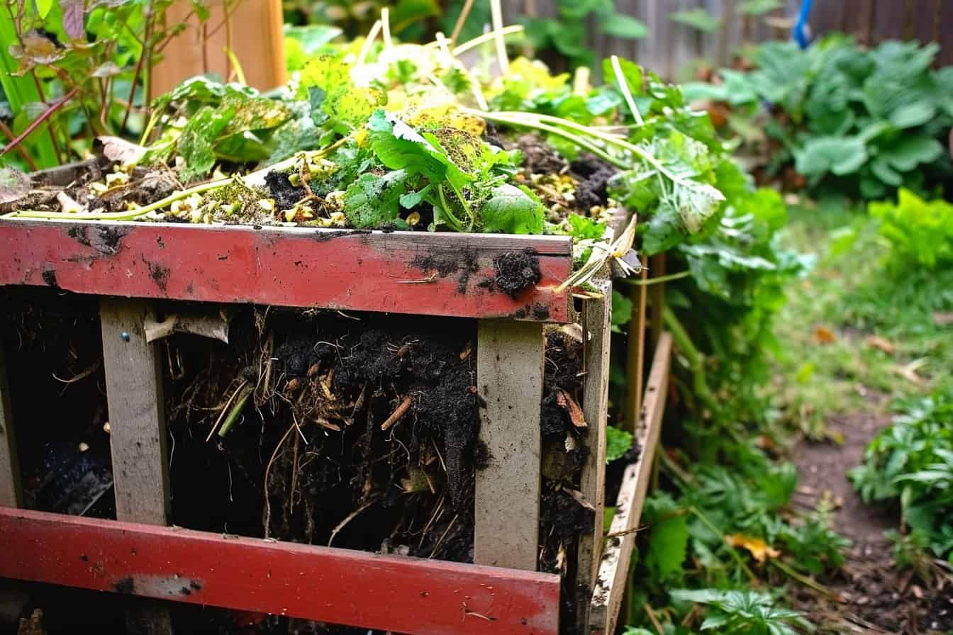 A backyard compost bin filled with fresh vegetables.