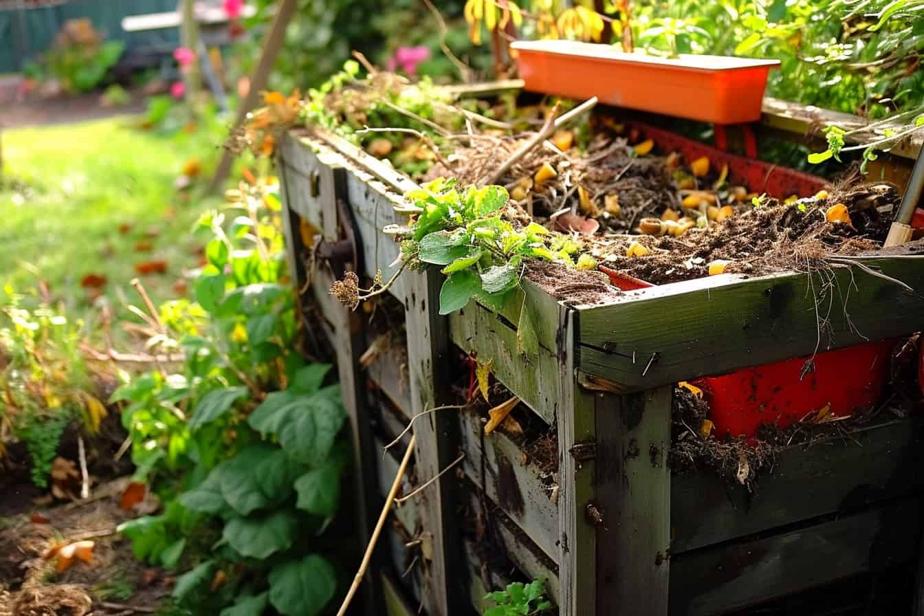 A wooden compost bin in a garden, where organic waste materials are converted into nutrient-rich compost through the process of decomposition.