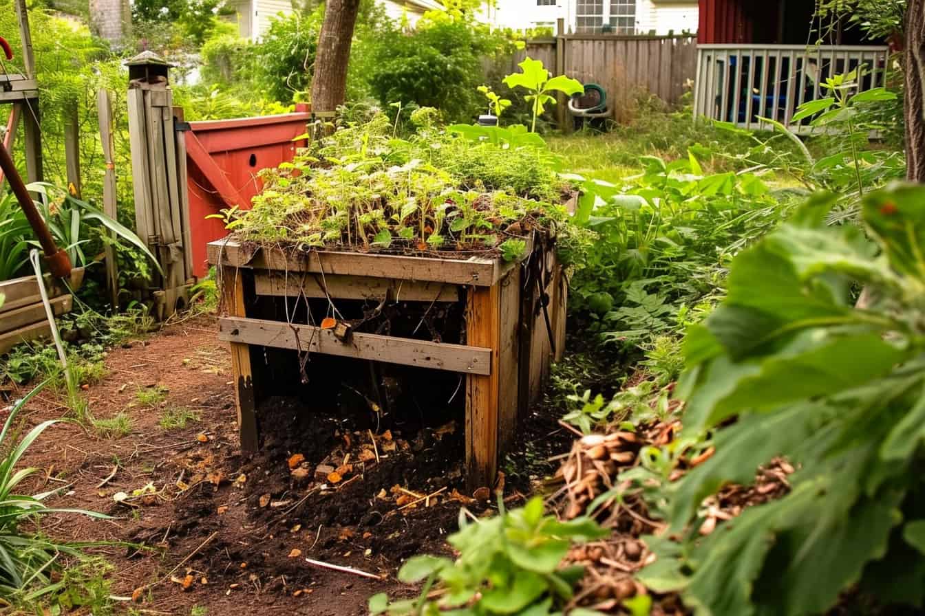 A backyard compost pile with plants growing amidst the nutrient-rich compost.