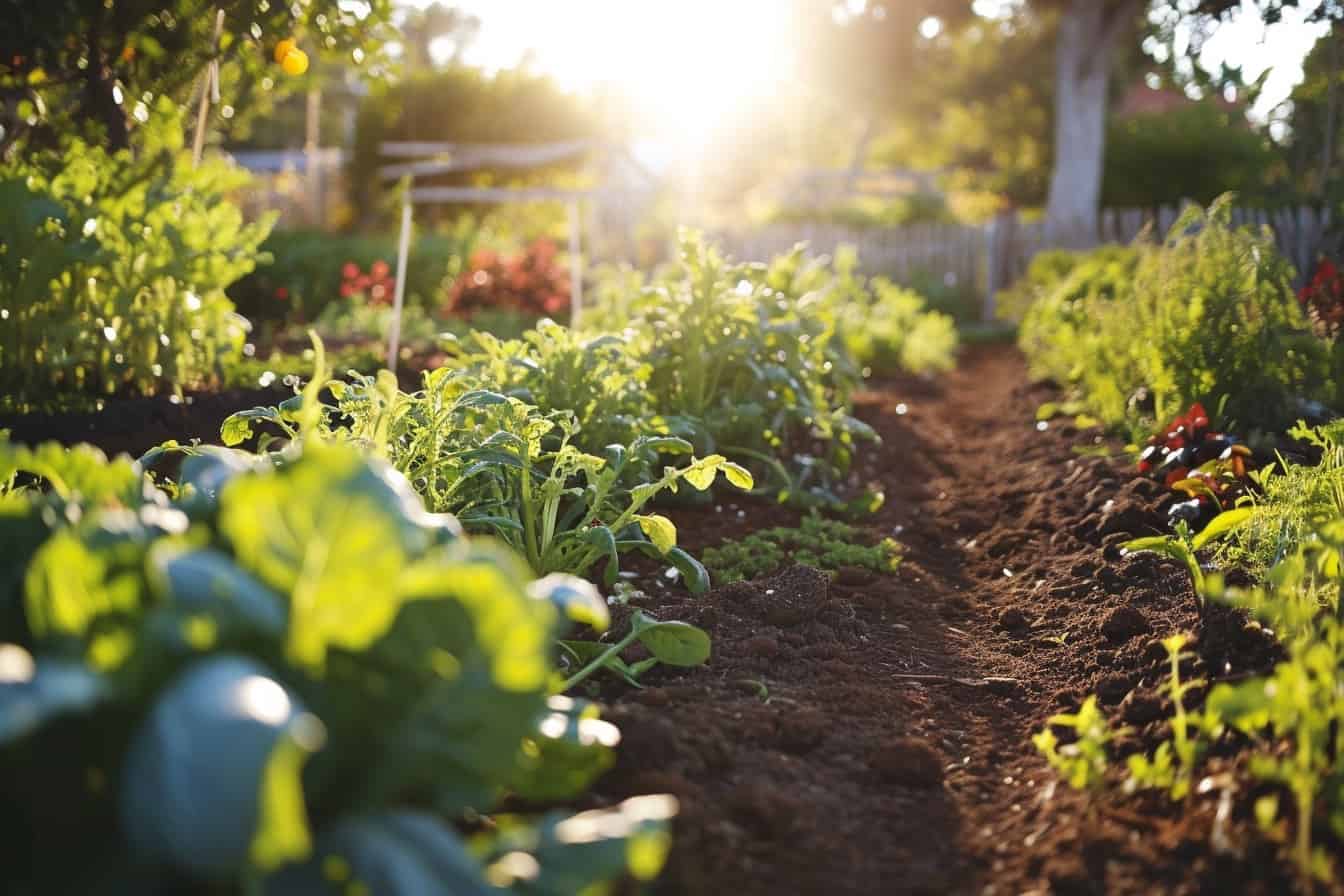 Start an organic garden with the sun shining on a vegetable garden image.