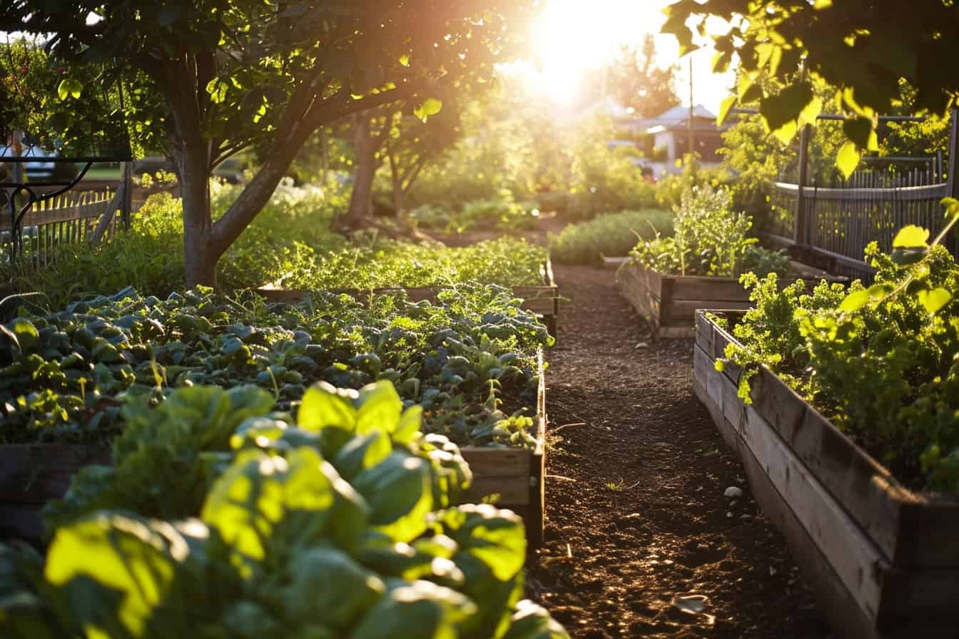 Start an organic garden with rows of vegetables in the sun.