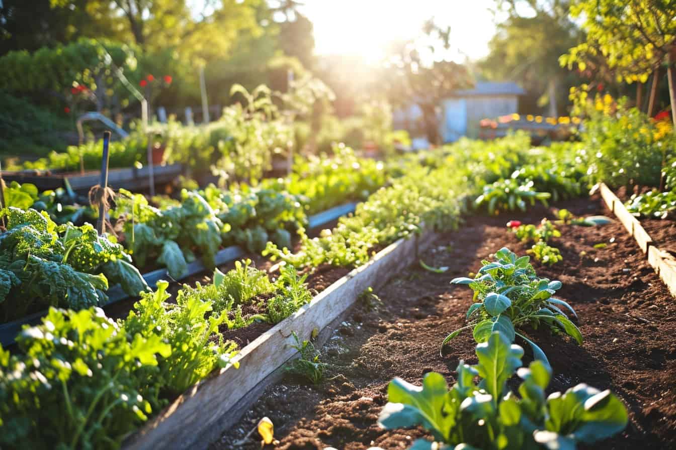 Start an organic vegetable garden with rows of vegetables in the sun.