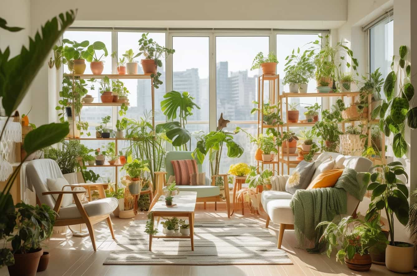 A living room with a lot of plants.