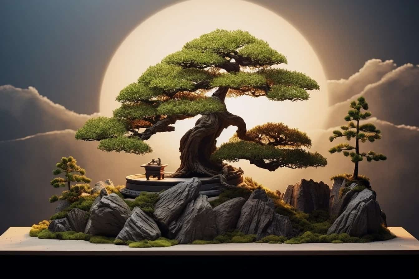 Juniper Bonsai Tree set against a zen background and rising sun
