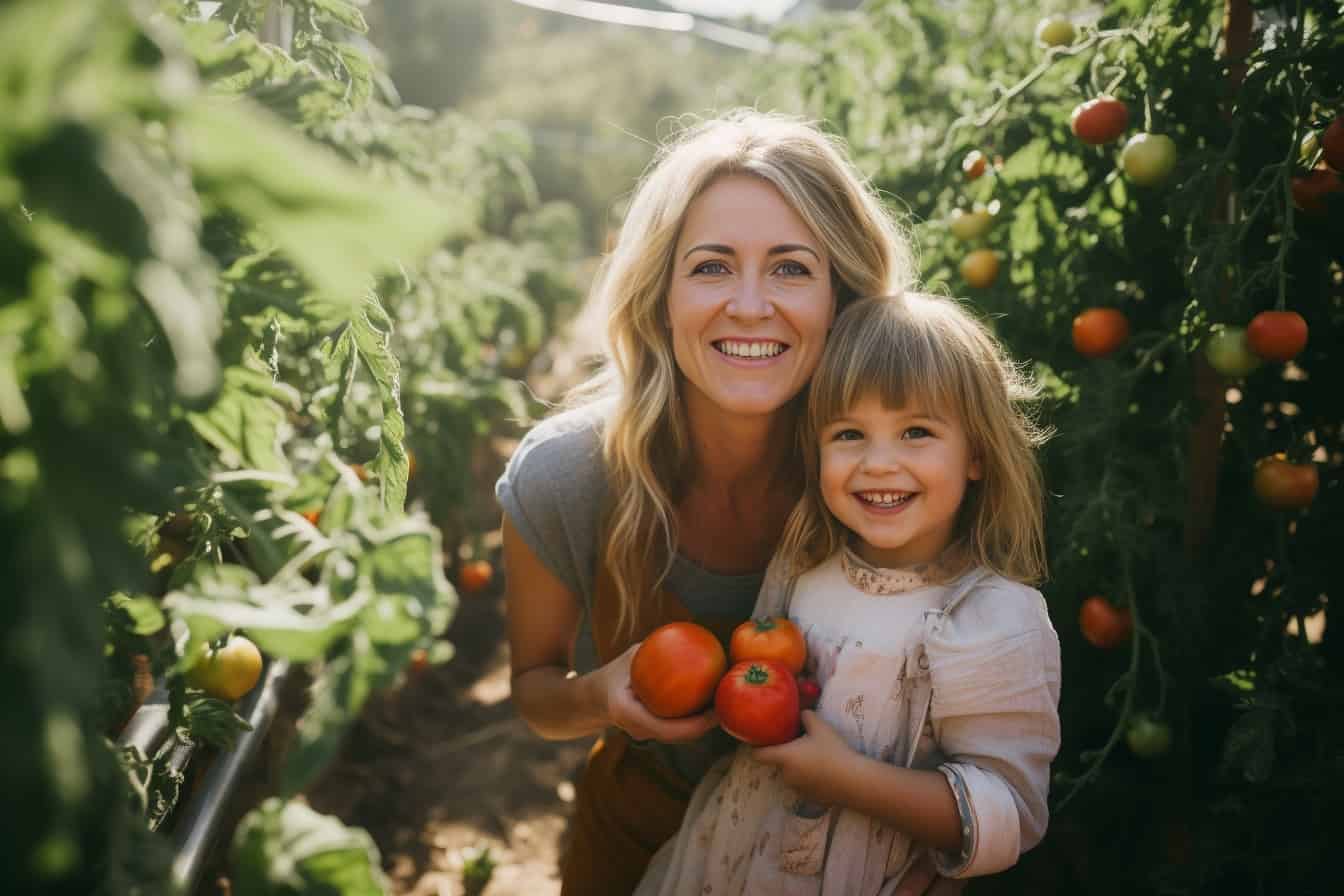 A mother and daughter enjoying the bountiful harvest of tomatoes in an orchard, showcasing their shared love for gardening.