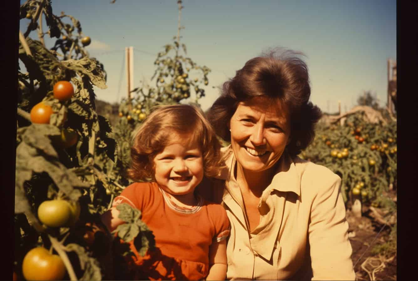 A woman and a young girl, both expressing their love for gardening, standing in a lush tomato plant.