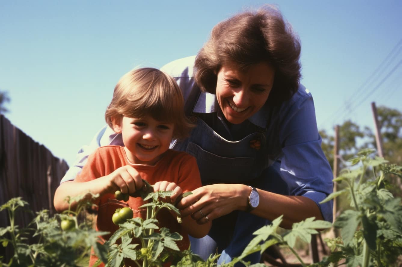 A woman and a boy enjoying their time together while picking tomatoes in a garden.