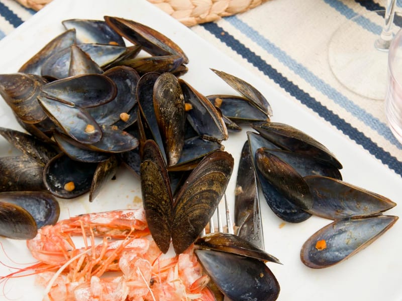 A white plate filled with mussels and a few shrimp, placed on a cloth with blue and white stripes.