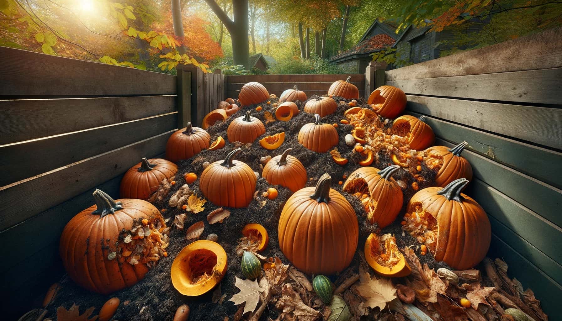A pile of pumpkins in a wooded area.