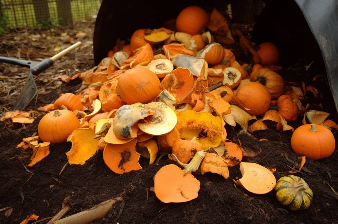 A pile of pumpkins in a compost pile.