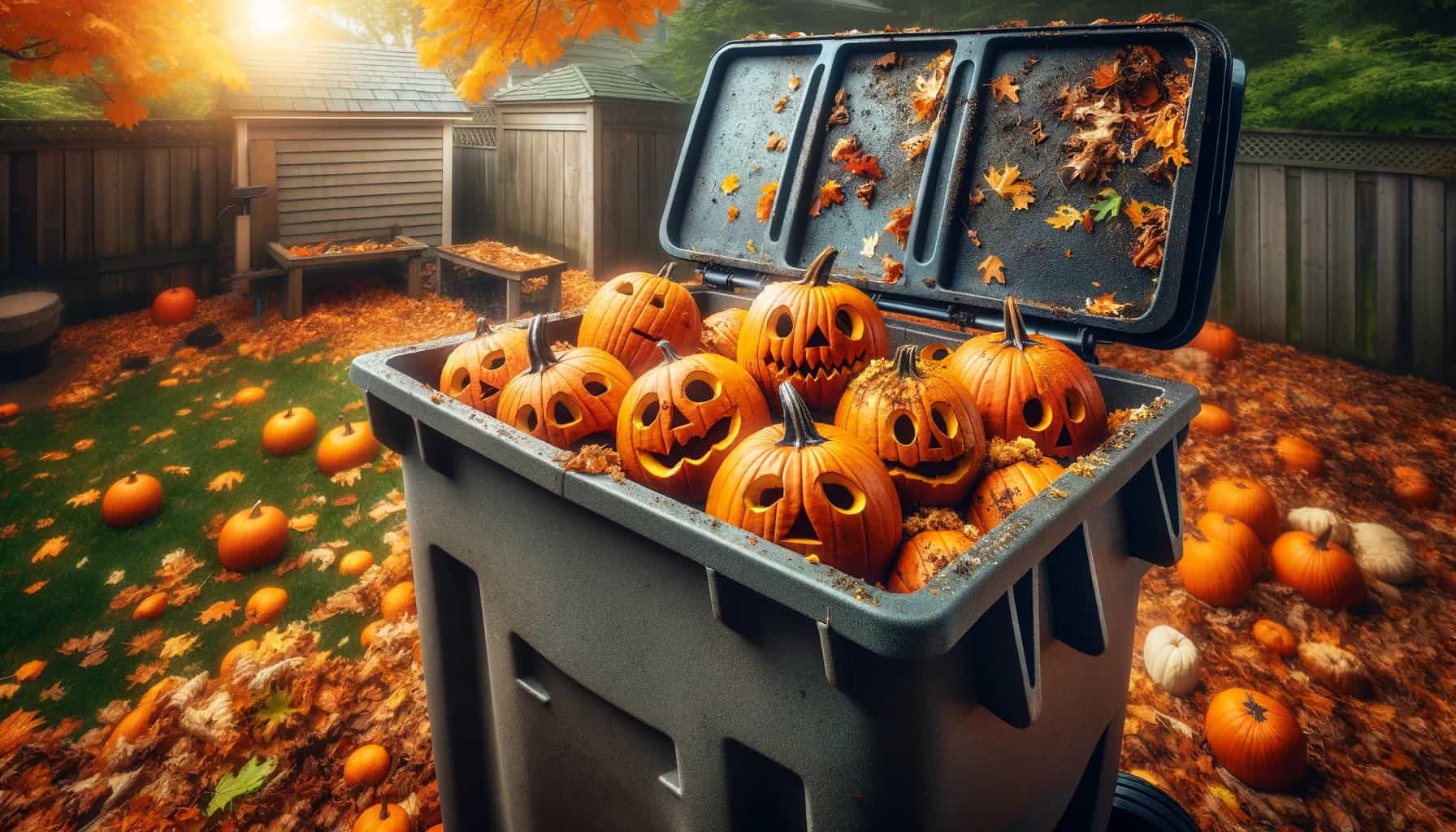 A trash can filled with pumpkins in a backyard for composting