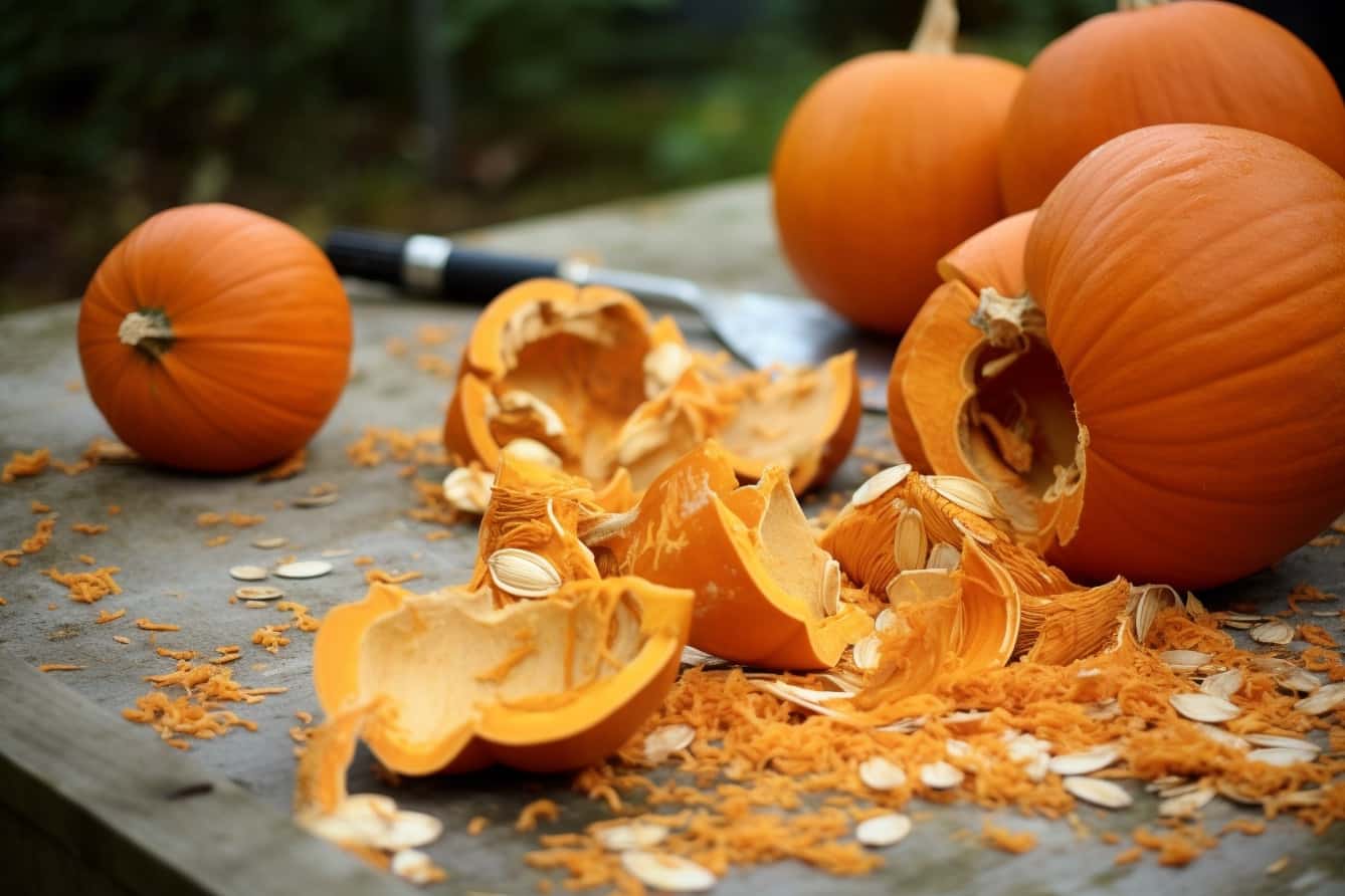 A group of pumpkins on a table with a knife.