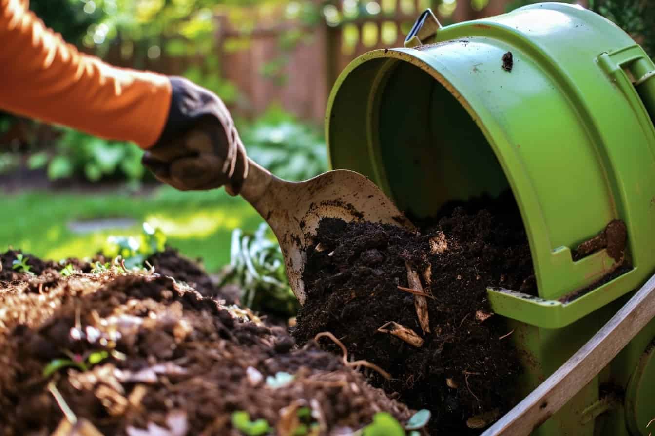 A person using a shovel to dig up dirt in a garden, uncovering compost.