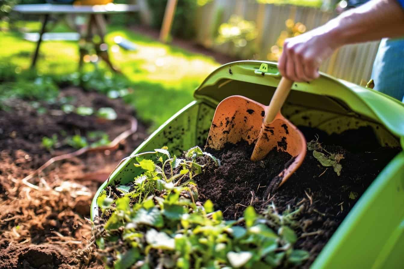 A person is using a green container to compost soil.