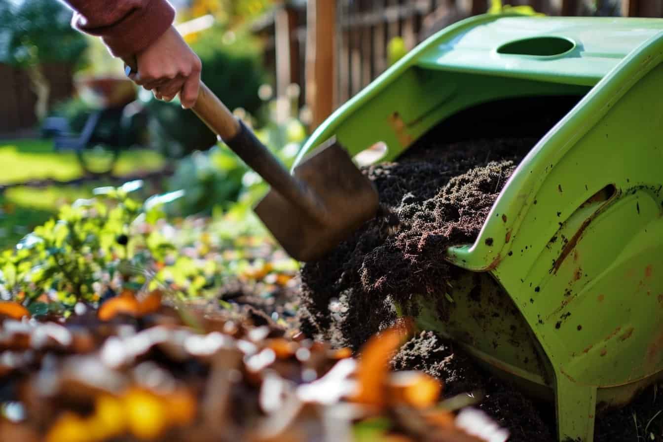 A person using a shovel to dig up leaves in a garden, generating compost.
