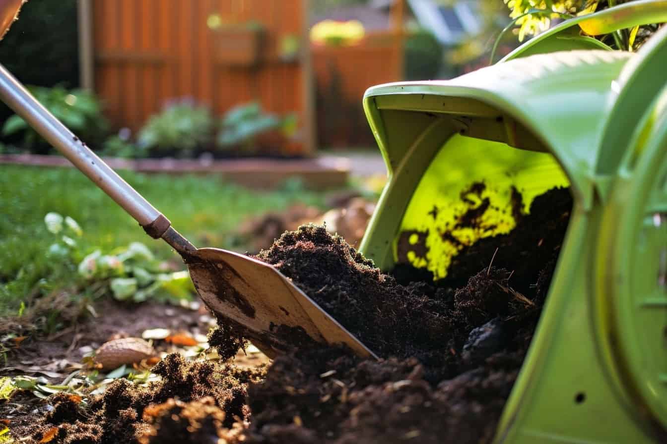 A person using a shovel to dig up dirt in a garden to create compost.